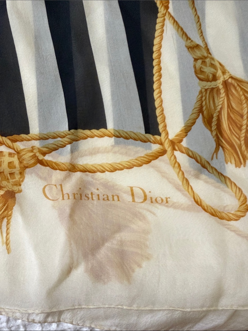 Christian Dior Sheer Silk Scarf in Black, Cream & Gold Tassel Motif ( final sale - Picture 2 of 4